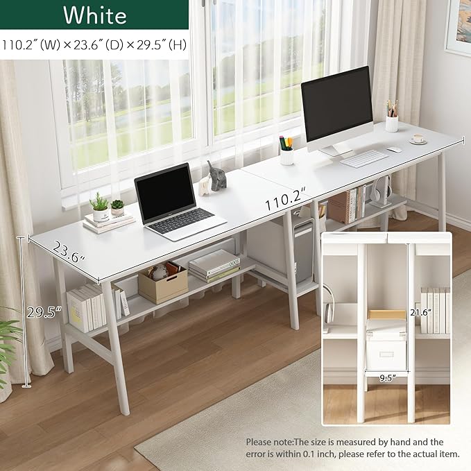 2-Person Writing Desk with Bookshelf - 110" Wooden Extra Long Home Office Work Table, Double Study Computer Workstation with Storage Shelves in White, 110" W x 24" D - LeafyLoom