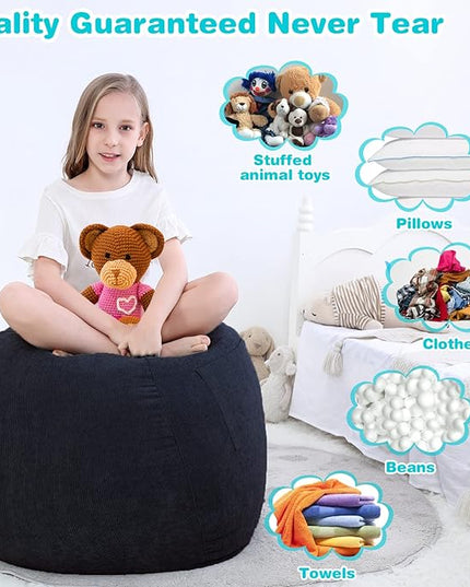 Bean Bag Chair Cover (No Filler) Stuffed Animal Storage for Kids .Soft Premium Corduroy Stuffable Beanbag for Organizing Children Plush Toys or Memory Foam Small 100L (Black) - LeafyLoom