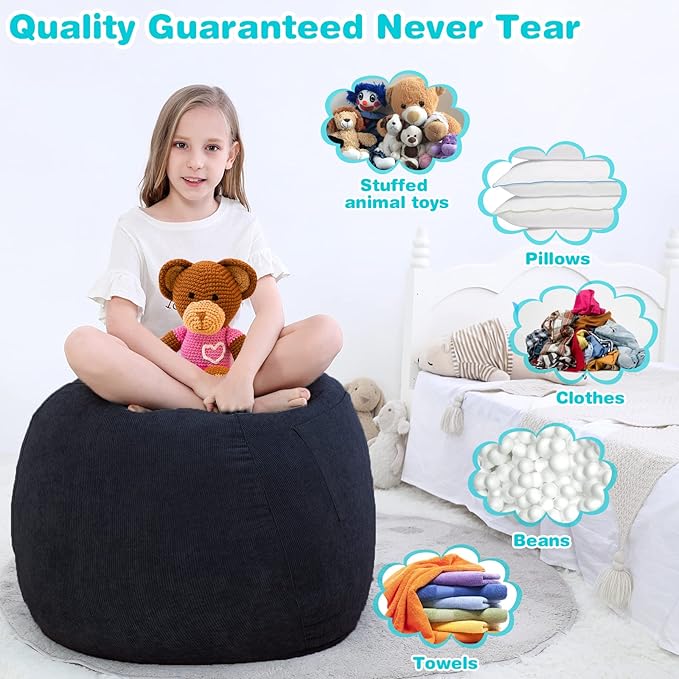 Bean Bag Chair Cover (No Filler) Stuffed Animal Storage for Kids .Soft Premium Corduroy Stuffable Beanbag for Organizing Children Plush Toys or Memory Foam Small 100L (Black) - LeafyLoom