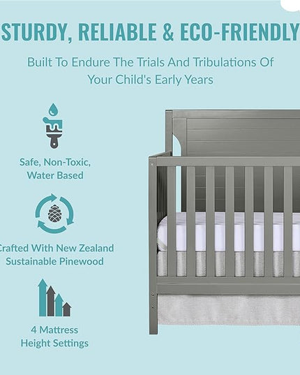 Cape Cod 5-in-1 Convertible Crib in Storm Grey, Greenguard Gold Certified, 55x30x44.5 Inch (Pack of 1) - LeafyLoom