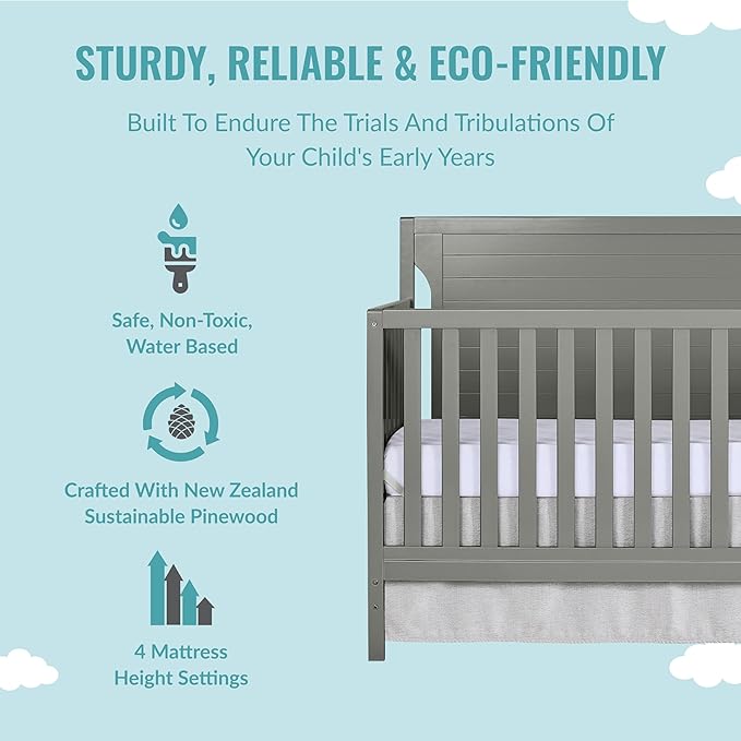 Cape Cod 5-in-1 Convertible Crib in Storm Grey, Greenguard Gold Certified, 55x30x44.5 Inch (Pack of 1) - LeafyLoom