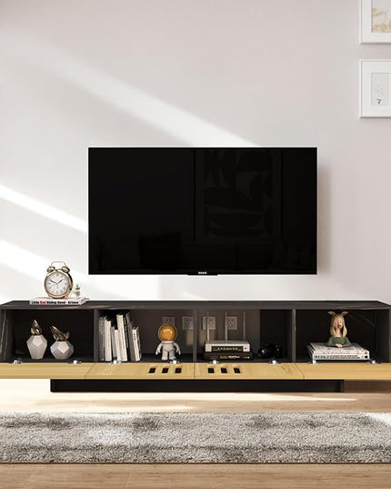 Pmnianhua Mid Century TV Stand,85'' Wall Mounted TV Cabinet,Low TV Bench Under TV Entertainment Center Shelf TV Console Table with 4 Cabinets for Living Room Bedroom(Light Oak) - LeafyLoom