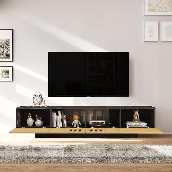 Pmnianhua Floating TV Stand,76'' Wall Mounted TV Cabinet, Mid Century TV Bench Under TV Entertainment Center Shelf TV Console Table with 4 Cabinets for Living Room Bedroom (Light Oak) - LeafyLoom