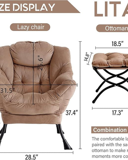 LITA Lazy Chair with Ottoman, Modern Accent Leisure Upholstered Sofa Chair, Contemporary Lounge Reading Chair with Armrests and a Side Pocket for Living Room, Bedroom & Small Space, Dark Brown - LeafyLoom