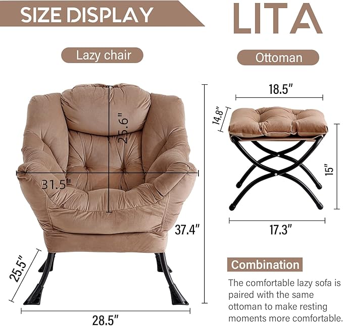 LITA Lazy Chair with Ottoman, Modern Accent Leisure Upholstered Sofa Chair, Contemporary Lounge Reading Chair with Armrests and a Side Pocket for Living Room, Bedroom & Small Space, Dark Brown - LeafyLoom