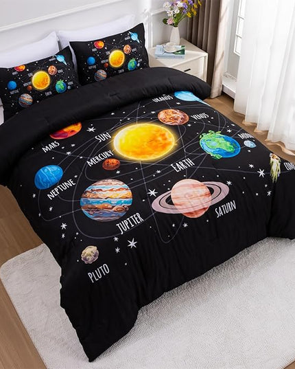 Aimuan Space Comforter Twin Set Kids Rocket Bedding Set Super Soft & Cute Aliens UFO Printed for Boys Girls Teen (Black 1, Twin) - LeafyLoom
