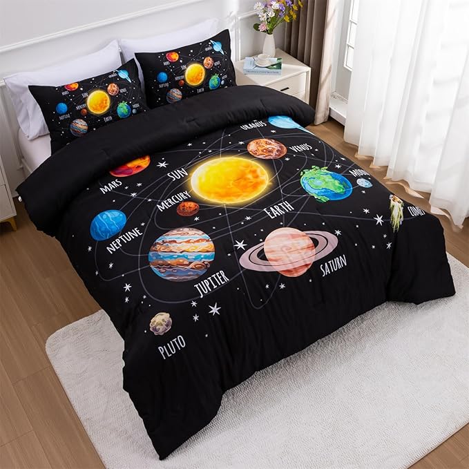 Aimuan Space Comforter Twin Set Kids Rocket Bedding Set Super Soft & Cute Aliens UFO Printed for Boys Girls Teen (Black 1, Twin) - LeafyLoom