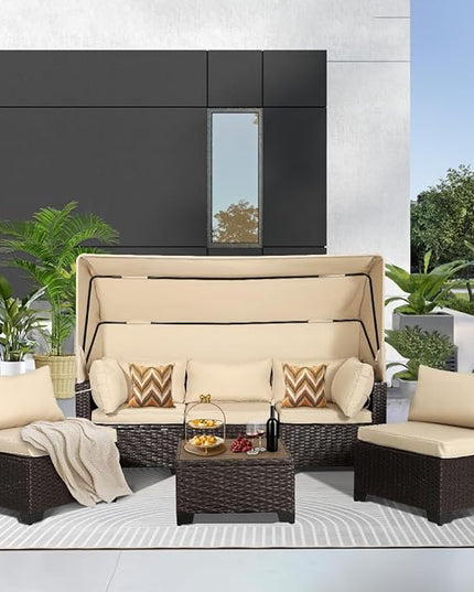 6 PCS Outdoor Patio Furniture Set,Sectional Sofa Set,Rattan Daybed with Retractable Canopy,Adjustable Backrest,Storage Coffee Table for Porch Garden Poolside Backyard(Khaki) - LeafyLoom