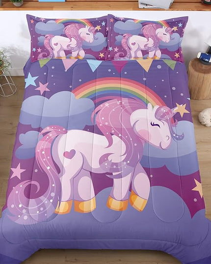 Unicorn Twin Bedding Sets for Girls Kids Comforter Set Twin Size with 2 Pillowcases Purple Rainbow Glittering Unicorn Room Decor for Girls Bedroom Ultra Soft Machine Washable Toddler Bed Set - LeafyLoom