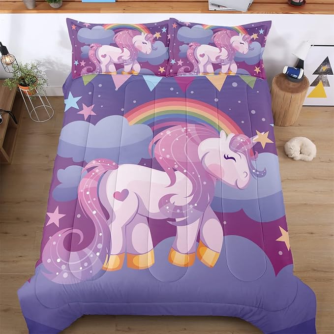 Unicorn Twin Bedding Sets for Girls Kids Comforter Set Twin Size with 2 Pillowcases Purple Rainbow Glittering Unicorn Room Decor for Girls Bedroom Ultra Soft Machine Washable Toddler Bed Set - LeafyLoom