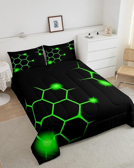 Hexagonal Comforter Set Geometric Honeycomb Bedding Set for Kids Adults Neon Green Black Comforter Modern Hexagon Beehive Quilt Set Ultra Soft Room Decor King Size Bedroom Collection 3Pcs - LeafyLoom