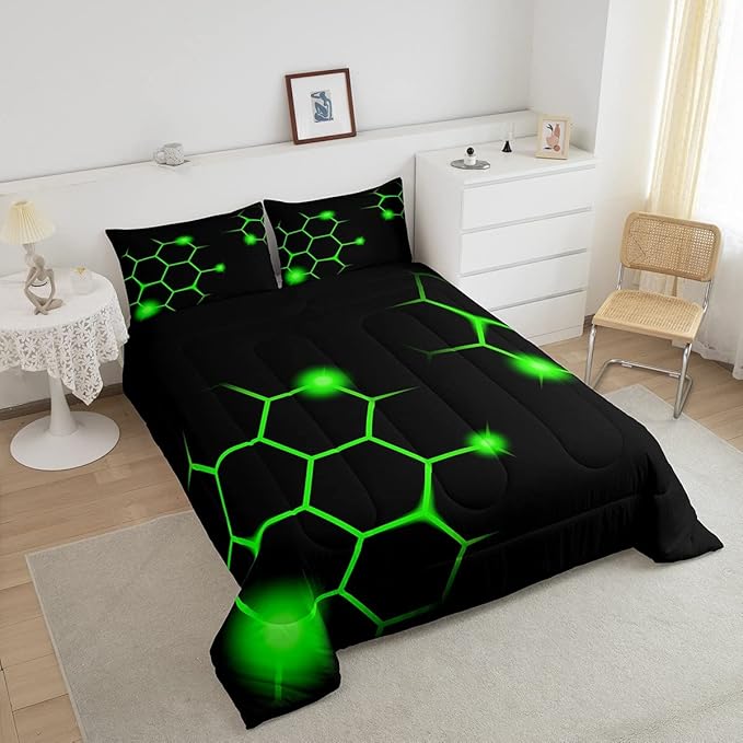 Hexagonal Comforter Set Geometric Honeycomb Bedding Set for Kids Adults Neon Green Black Comforter Modern Hexagon Beehive Quilt Set Ultra Soft Room Decor Full Size Bedroom Collection 3Pcs - LeafyLoom