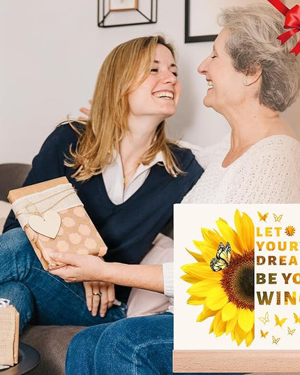 TIKTREE Inspirational Gifts for Women, Let Your Dreams Be Your Wings Positive Sign, Sunflower Motivational Gifts, Cheer Up Gifts for Women, Home Office Desk Decor with Wood Base - LeafyLoom