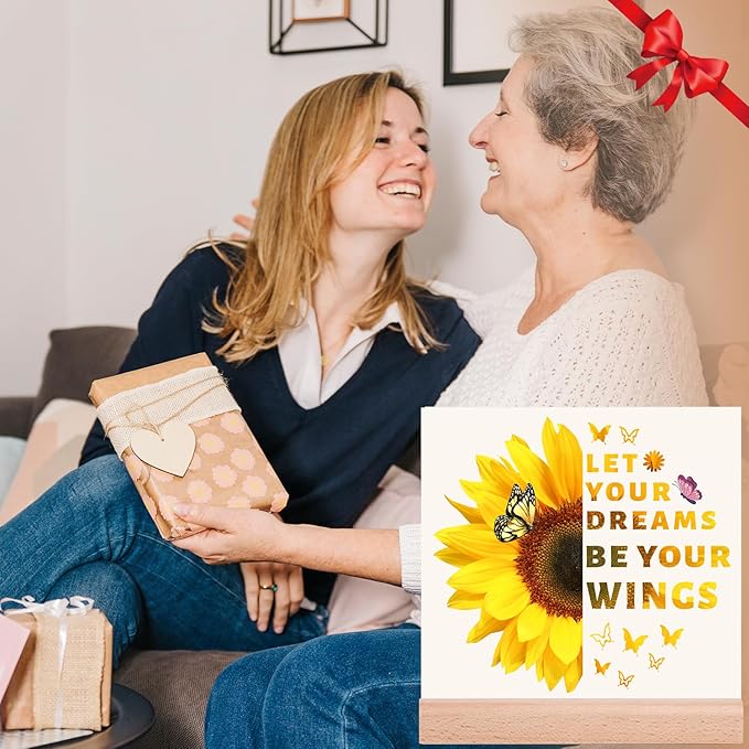 TIKTREE Inspirational Gifts for Women, Let Your Dreams Be Your Wings Positive Sign, Sunflower Motivational Gifts, Cheer Up Gifts for Women, Home Office Desk Decor with Wood Base - LeafyLoom
