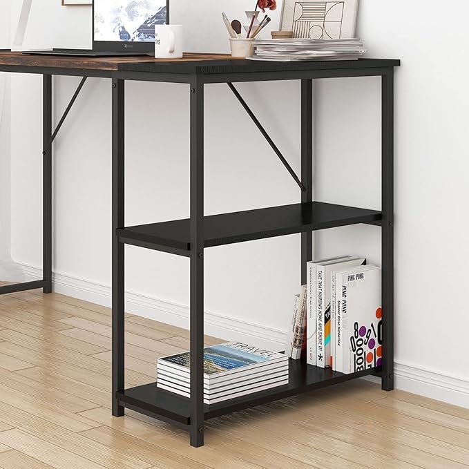 FurnitureR Computer 47.2 inch Rustic Student Laptop Writing Storage Shelves Space Saving, Simple Style PC Home Office Desk, L47.2 x W18.9 x H29.1, Black,Brown - LeafyLoom