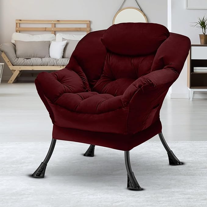 Fabric Lazy Chair Large Accent Chair,Velvet Frabic Modern Lounge Reading Chair with Armrests & Side Pocket,Upholstered Armchair for Living Room,Bedroom,Dorm,Dusty Rose - LeafyLoom