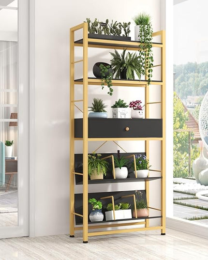 Bookshelf with Drawers- 60'' Wide Industrial Book Shelf with Bookend, 5 Tiers Tall Storage Shelves, Steel Frame Display Rack, Suitable for Bedroom, Office, Living Room-27'' Depth Black - LeafyLoom