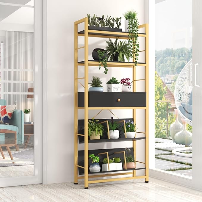 Bookshelf with Drawers- 60'' Wide Industrial Book Shelf with Bookend, 5 Tiers Tall Storage Shelves, Steel Frame Display Rack, Suitable for Bedroom, Office, Living Room-27'' Depth Black - LeafyLoom
