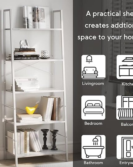 Yusong Ladder Shelf,Industrial 5-Tier Bookshelf,Free Standing Bookcase,Utility Organizer Shelves for Plant Flower,Wood Look Accent Furniture with Metal Frame for Home Office, (White) - LeafyLoom