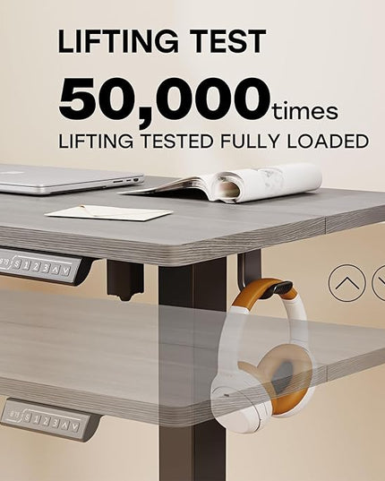 Grey Standing Desk, 48 X 24 Inch Adjustable Height Electric Desk, Sit Stand Desk with 2 Hooks, Ergonomic Rising Desk with Splice Board - LeafyLoom