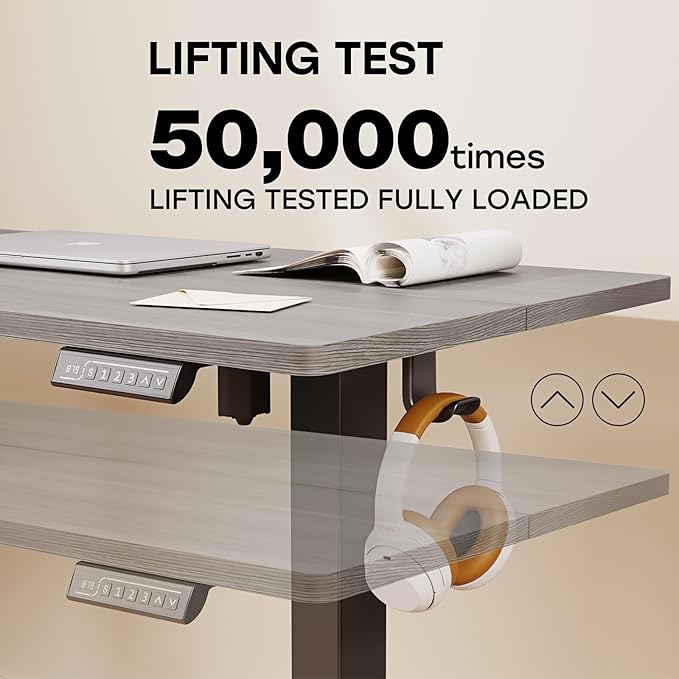 Grey Standing Desk, 48 X 24 Inch Adjustable Height Electric Desk, Sit Stand Desk with 2 Hooks, Ergonomic Rising Desk with Splice Board - LeafyLoom
