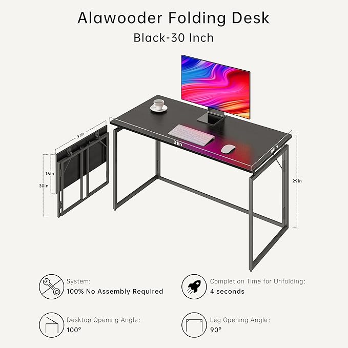 Folding Desk 30 Inch - Small Foldable Desk for Small Space Minimalist, Space Saving Collapsible Compact Desk Portable Table for Craft, Writing, Study and Work (No Assembly Required) - LeafyLoom