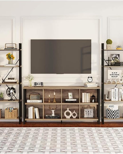 FATORRI 8 Cube Storage Organizer Bookshelf, Rustic Wood Cubby Bookcase, Industrial Horizontal Long Shelf for Living Room (Rustic Oak, 62 Inch) - LeafyLoom