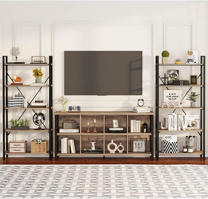 FATORRI 8 Cube Storage Organizer Bookshelf, Rustic Wood Cubby Bookcase, Industrial Horizontal Long Shelf for Living Room (Rustic Oak, 62 Inch) - LeafyLoom