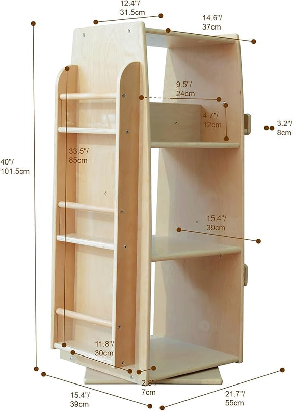 360 Degrees Rotating Bookcase Storage Organizer Wooden Display Bookshelf 3 Tier Floor Standing Bookshelves Open Design Storage Rack for Kids Children's Natural - LeafyLoom