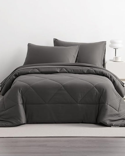 NTBAY Twin Comforter Set with Sheets, 5 Pieces Soft and Breathable Twin Bedding Set, Twin Bed in a Bag, Down Alternative Comforter Set Solid Color All Season, Kids Bedding Set, Dark Grey - LeafyLoom