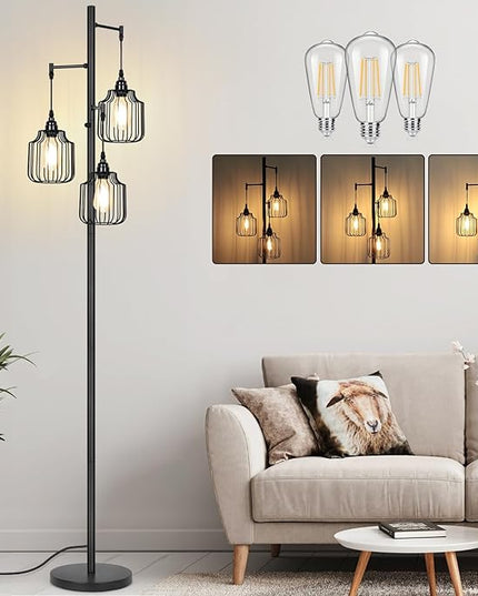 Dimmable Floor Lamp with 3 x 800LM LED Edison Bulbs,Tall Standing Lamp for Living Room,Farmhouse Black Corner Floor Lamp,Bright Industrial Rustic Vintage Tree Pole Light with Cage for Bedroom Office - LeafyLoom
