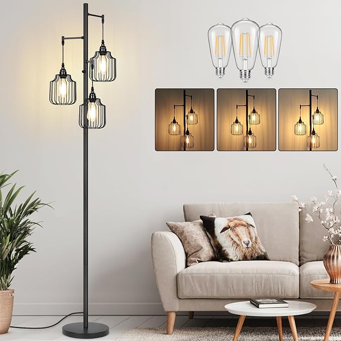 Dimmable Floor Lamp with 3 x 800LM LED Edison Bulbs,Tall Standing Lamp for Living Room,Farmhouse Black Corner Floor Lamp,Bright Industrial Rustic Vintage Tree Pole Light with Cage for Bedroom Office - LeafyLoom
