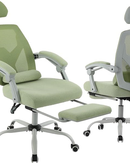 edx Ergonomic Office Chair, Reclining High Back Mesh Computer Desk Swivel Rolling Home Task Chair with Lumbar Support Pillow, Adjustable Headrest, Retractable Footrest and Padded Armrests, Green - LeafyLoom