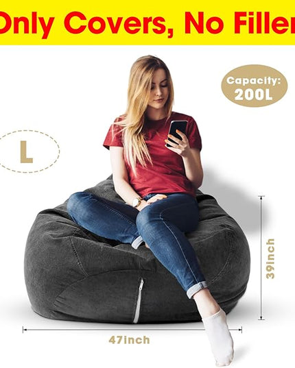 2 Pcs Bean Bag Cover Stuffed Animal Storage Bean Bag Chair Cover Soft Corduroy Stuffed Animal Bean Bag Storage for Kids Adults Indoor Bedroom Organizing Plush Toys(Black, 200L) - LeafyLoom