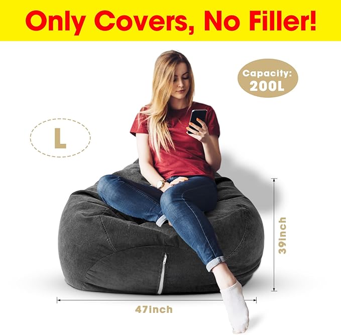 2 Pcs Bean Bag Cover Stuffed Animal Storage Bean Bag Chair Cover Soft Corduroy Stuffed Animal Bean Bag Storage for Kids Adults Indoor Bedroom Organizing Plush Toys(Black, 200L) - LeafyLoom