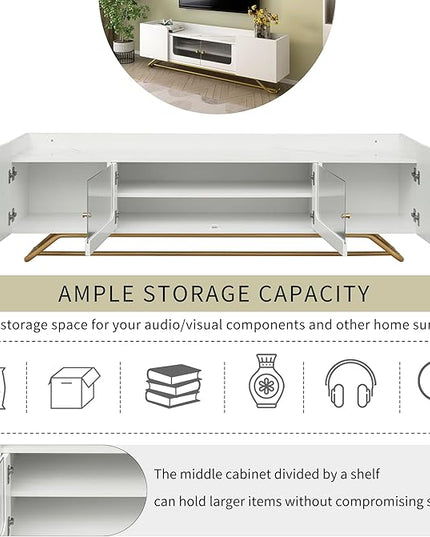 Merax Sleek Design TV Stand with Fluted Glass and Gold Frame Base, Contemporary Entertainment Center for Television Up to 65" Faux Marble Top Console Table for Living Room, 63.07 inch Length, White - LeafyLoom