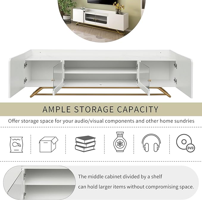 Merax Sleek Design TV Stand with Fluted Glass and Gold Frame Base, Contemporary Entertainment Center for Television Up to 65" Faux Marble Top Console Table for Living Room, 63.07 inch Length, White - LeafyLoom