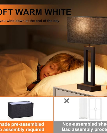 Nightstand Table Lamps for Bedrooms Set of 2 - Touch Bedside Lamp with USB C+A, 3 Way Dimmable Living Room Lamps for End Tables Set of 2, Modern Night Stand Lamps for Bed Side Guest Room(Black) - LeafyLoom