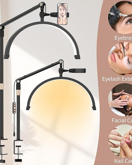 Half Moon Light for Lashes, 22Inch LED Nail Desk Lamp, Lash Light for Eyelash Tech, Esthetician, Office, Beauty, Skincare, Tattoo, Facial, Filming with Remote Control Black - LeafyLoom