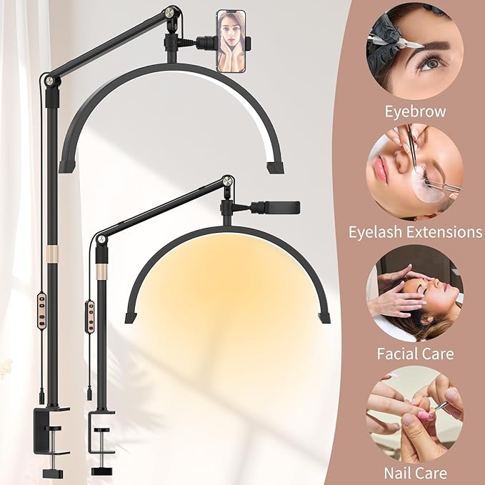 Half Moon Light for Lashes, 22Inch LED Nail Desk Lamp, Lash Light for Eyelash Tech, Esthetician, Office, Beauty, Skincare, Tattoo, Facial, Filming with Remote Control Black - LeafyLoom