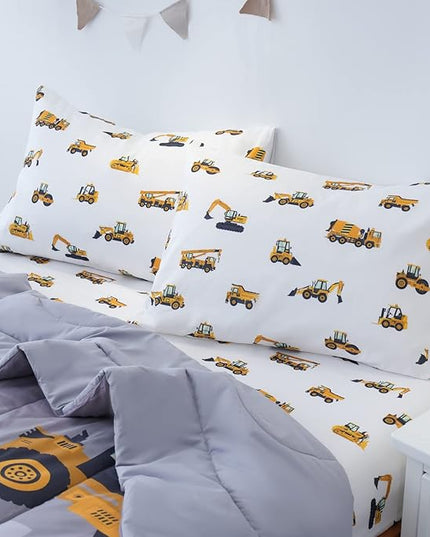 Twin Size Comforter Set for Boys, 4-Piece Bed in a Bag, 3D Construction Bedding Comforter Sheet Set, Ultra Soft and Fluffy, Cartoon Truck Cars - LeafyLoom