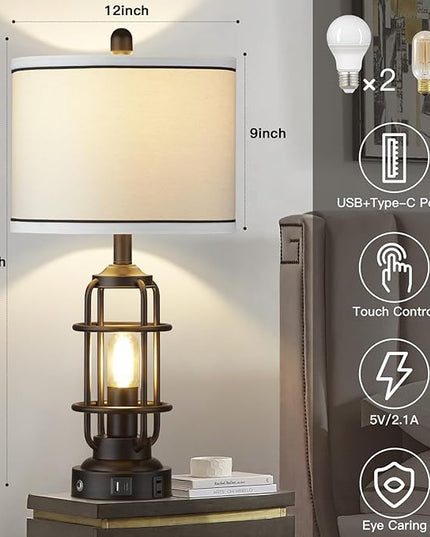 Modern Table Lamps Set of 2, Industrial 3-Way Dimmable Bedside Lamp with USB A+C Ports & AC Outlet, 25" Touch Control Nightstand Lamp LED Night Light for Living Room Bedroom Home(4 Bulbs Included) - LeafyLoom