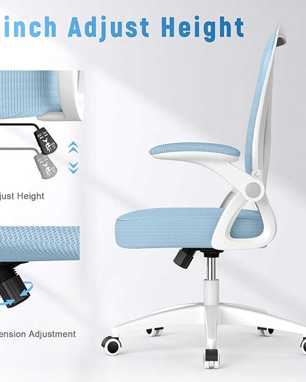 naspaluro Ergonomic Office Chair, Mid Back Desk Chair with Adjustable Height, Swivel Chair with Flip-Up Arms and Lumbar Support, Breathable Mesh Computer Chair for Home/Study/Working, Blue - LeafyLoom