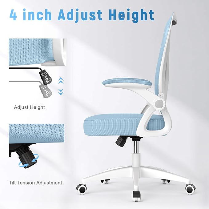 naspaluro Ergonomic Office Chair, Mid Back Desk Chair with Adjustable Height, Swivel Chair with Flip-Up Arms and Lumbar Support, Breathable Mesh Computer Chair for Home/Study/Working, Blue - LeafyLoom