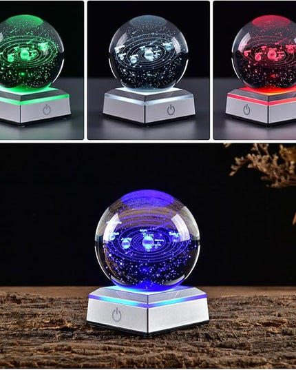 3D Crystal Ball Solar System Model, with Led Lamp Stand, 3.15'' Galaxy Planets Glass Ball Decor, Engraved Crystal Sphere with Gift Box, 6 Color Light, Romantic Gifts for Kids Friends - LeafyLoom