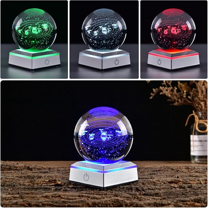 3D Crystal Ball Solar System Model, with Led Lamp Stand, 3.15'' Galaxy Planets Glass Ball Decor, Engraved Crystal Sphere with Gift Box, 6 Color Light, Romantic Gifts for Kids Friends - LeafyLoom