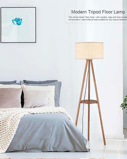 Wood Tripod Floor Lamp with Shelves,Linen Shade Boho Wooden Floor lamp for Living Room, with Three Color temparature Bulb Included,footswitch,ETL Listed/Brown Wood Color - LeafyLoom