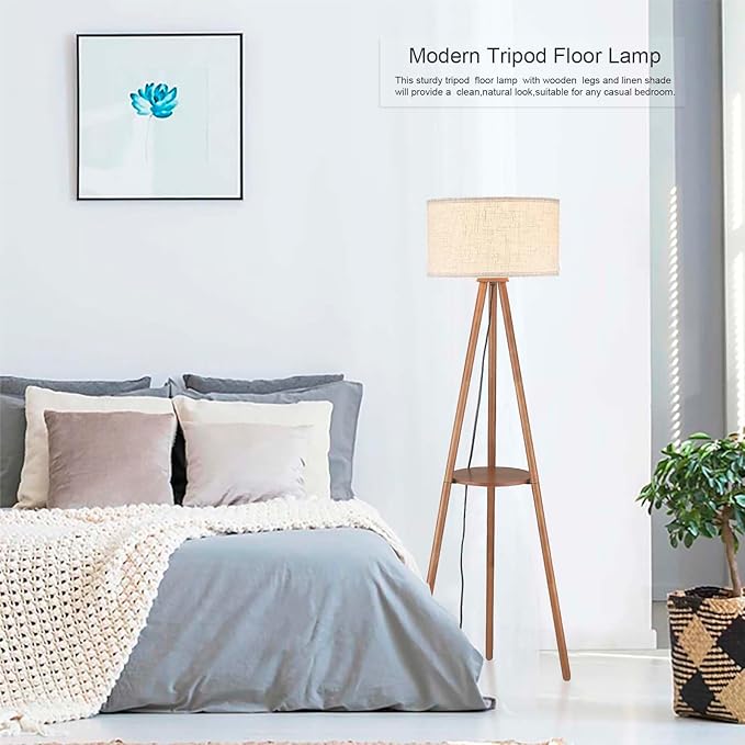 Wood Tripod Floor Lamp with Shelves,Linen Shade Boho Wooden Floor lamp for Living Room, with Three Color temparature Bulb Included,footswitch,ETL Listed/Brown Wood Color - LeafyLoom