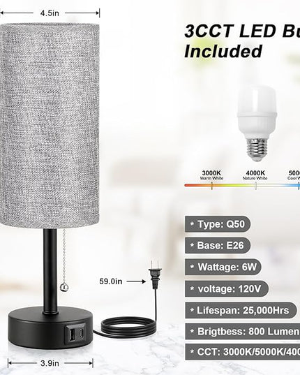Grey Bedside Lamp for Bedroom Nightstand - Small Table Lamp with USB A + C Charging Port, 3 Color Temperatures Pull Chain Night Stand Light with Bulb, Side Table Desk Reading Lamp for Living Room - LeafyLoom