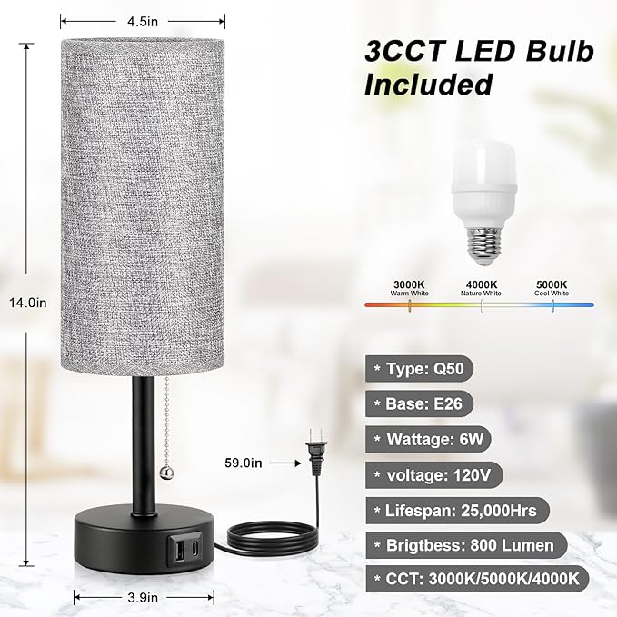 Grey Bedside Lamp for Bedroom Nightstand - Small Table Lamp with USB A + C Charging Port, 3 Color Temperatures Pull Chain Night Stand Light with Bulb, Side Table Desk Reading Lamp for Living Room - LeafyLoom